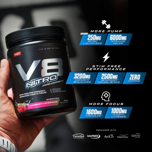 Vast Sports V8 Nitro Zero Caffeine 364g Tropical Pump
