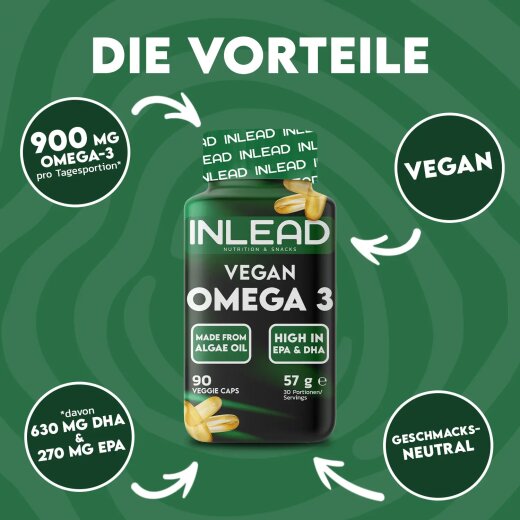 Inlead Nutrition Vegan Omega 3 - 90 Kapseln mit DHA & EPA aus Algenöl